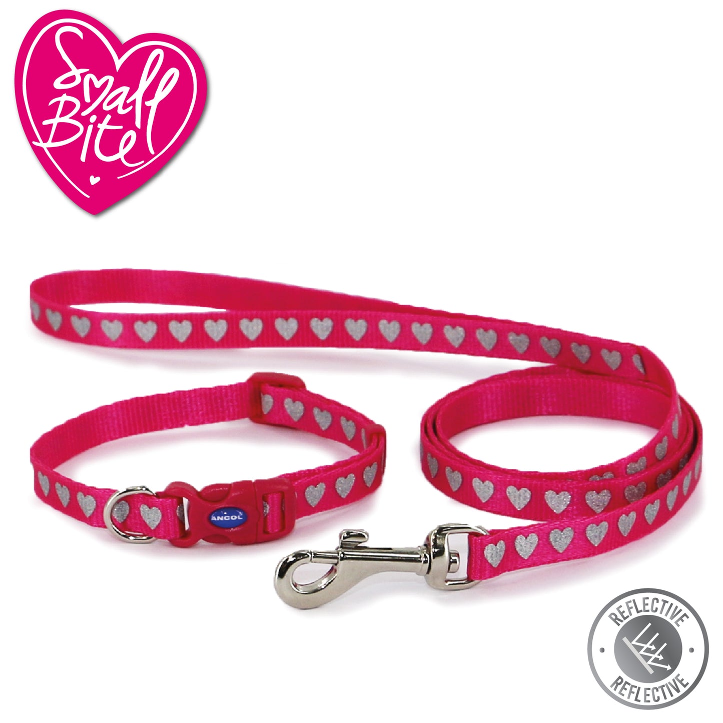 Small Bite Reflective Pink Heart Collar & Lead Set