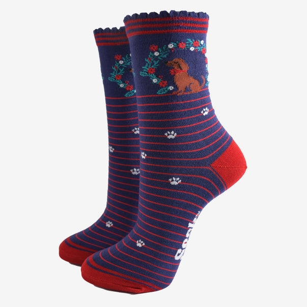 Sock Talk Sausage Dog Wreath Bamboo Socks